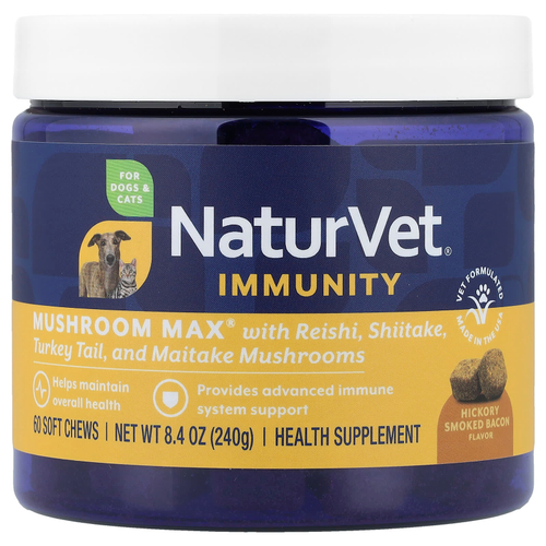 NaturVet, Immunity, Mushroom Max® с рейши, шиитаке, трутовиком разноцветным и грибом-бараном, для собак и кошек, бекон, копченый гикорием, 60 жевательных таблеток, 240 г (8,4 унции)