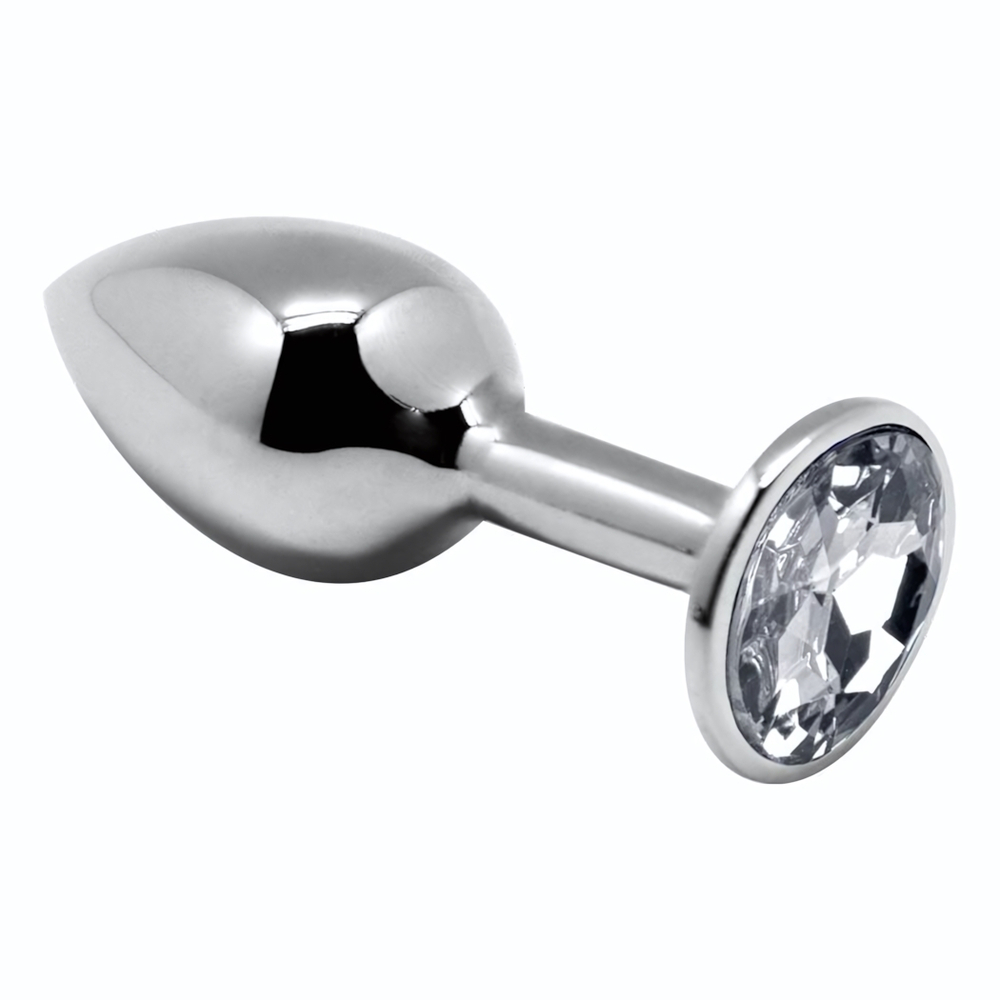 Серебристая анальная втулка с прозрачным кристаллом Mini Metal Butt Plug Size S - 7 см. (Цвет: серебристый)