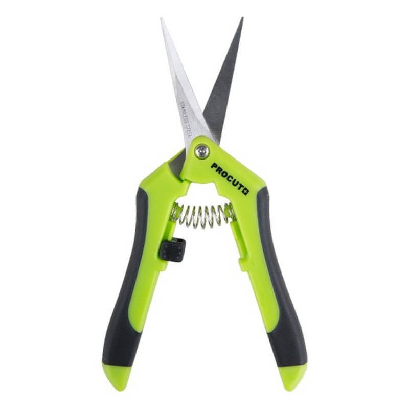 Изогнутые ножницы procut curved blades с открытыми остроконечными лезвиями и ярко-зелеными ручками на белом фоне