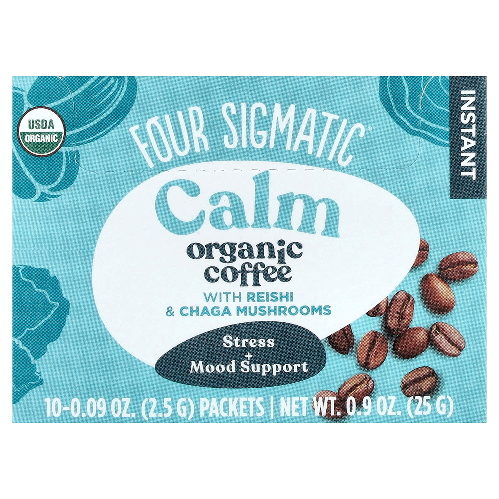 Four Sigmatic, растворимый органический кофе с грибами рейши и чага, успокаивающий, средней обжарки, 10 пакетиков по 2,5 г (0,09 унции)