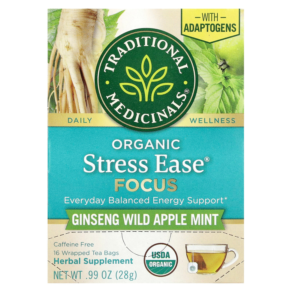 Traditional Medicinals, Organic Stress Ease® Focus, женьшень, дикое яблоко и мята, без кофеина, 16 чайных пакетиков в упаковке, 28 г (0,99 унции)