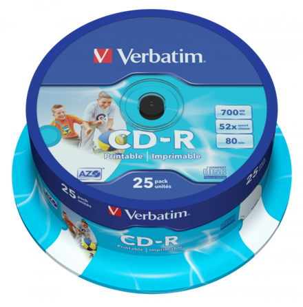 Оптический диск Verbatim CD-R 700MB 52X AZO Wide Inkjet Printable, Spindle, 25 шт