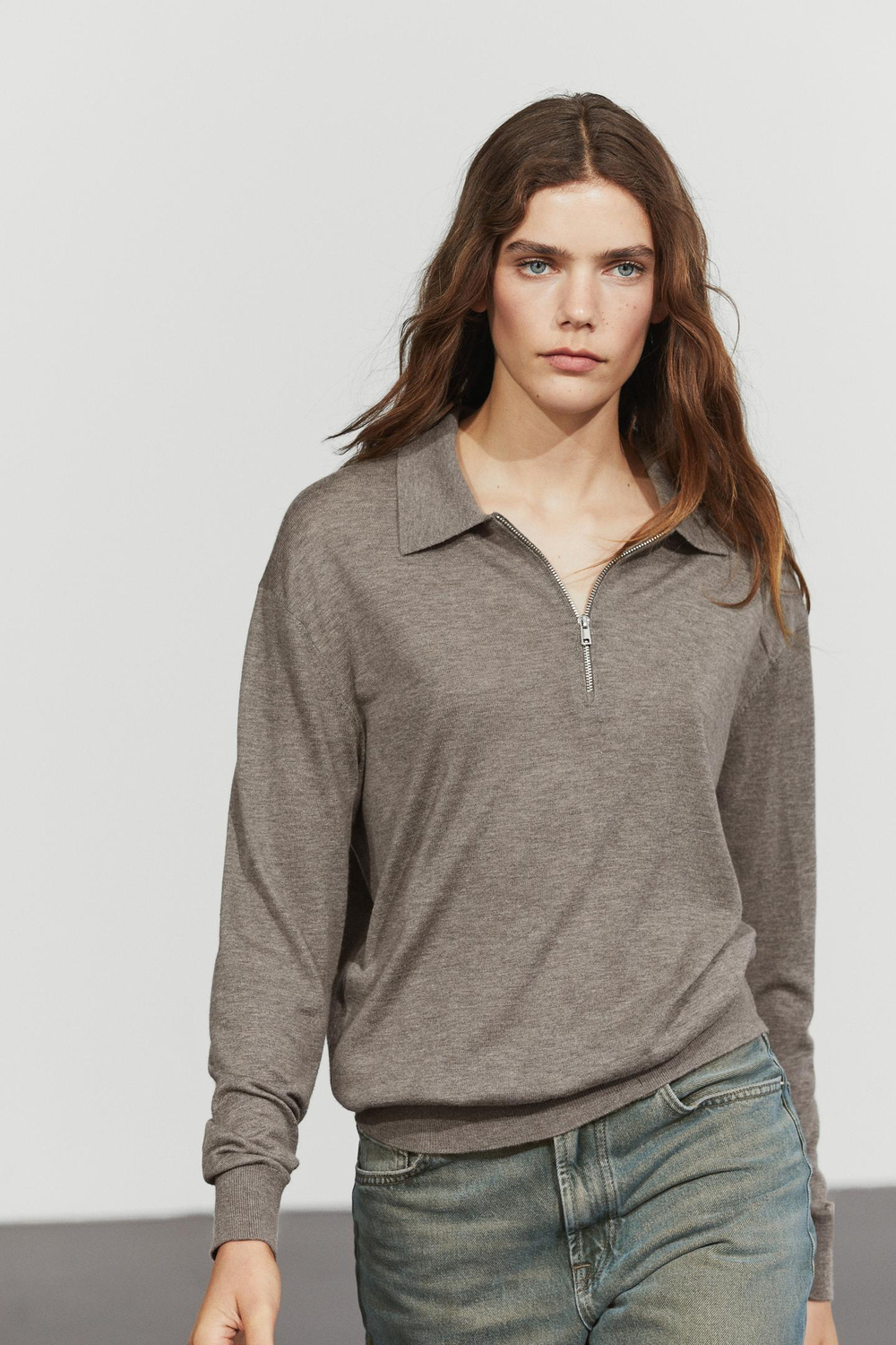 Massimo Dutti Вязаный свитер из шерстяной смеси с застежкой-молнией на четверть длины, темный хаки