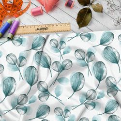 Ткань футер 2-х нитка эскиз акварельных листьев на белом фоне