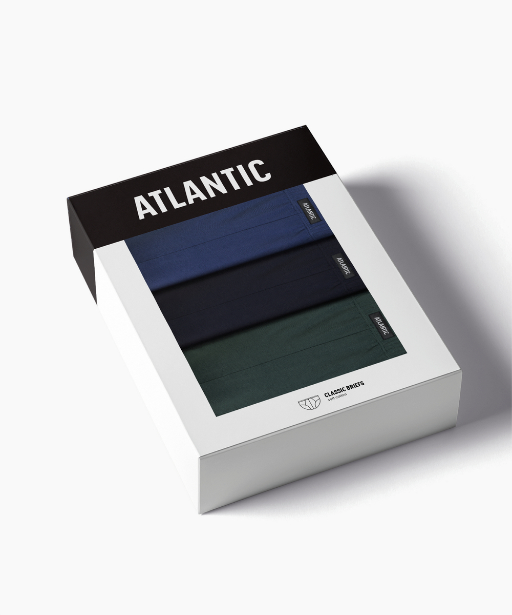 Мужские трусы слипы классика Atlantic, набор 3 шт., хлопок, темно-голубые + темно-синие + зеленые, 3MP-129