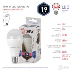 Лампа светодиодная ЭРА STD LED A65-19W-860-E27 19Вт груша холодный дневной свет Е27 | Лампы cветодиодные Груша (A)