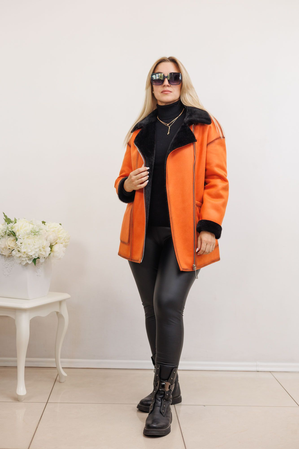 Дубленка искусственная женская косуха двухсторонняя осень весна короткая