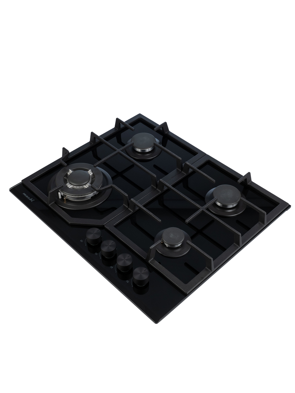 Газовая варочная панель шириной 60 см, Macbi MBH64WFGL.V1 (Model 2024) с Wok-конфоркой, Чёрное закаленное стекло, Электроподжиг, Газ-контроль, Решетки из чугуна