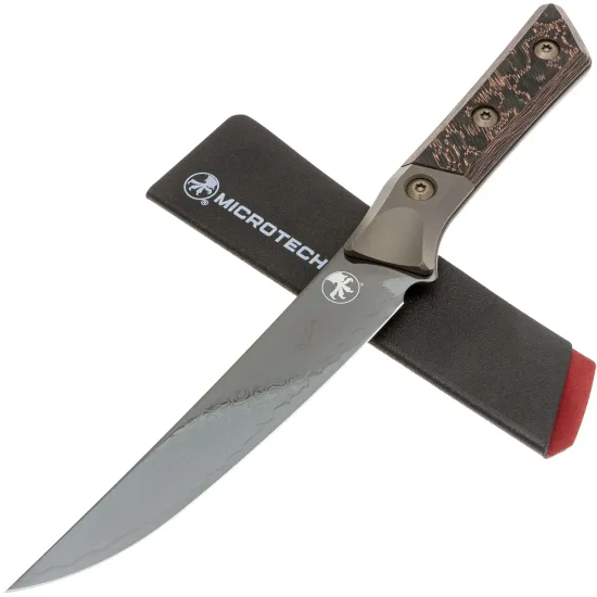 Нож кухонный Microtech Chef's Knife 3100B-16DLCLWCFPR, San Mai Damascus M390, Bronze Titanium / Livewire CF - рукоять G10 / титан, сталь - Damascus