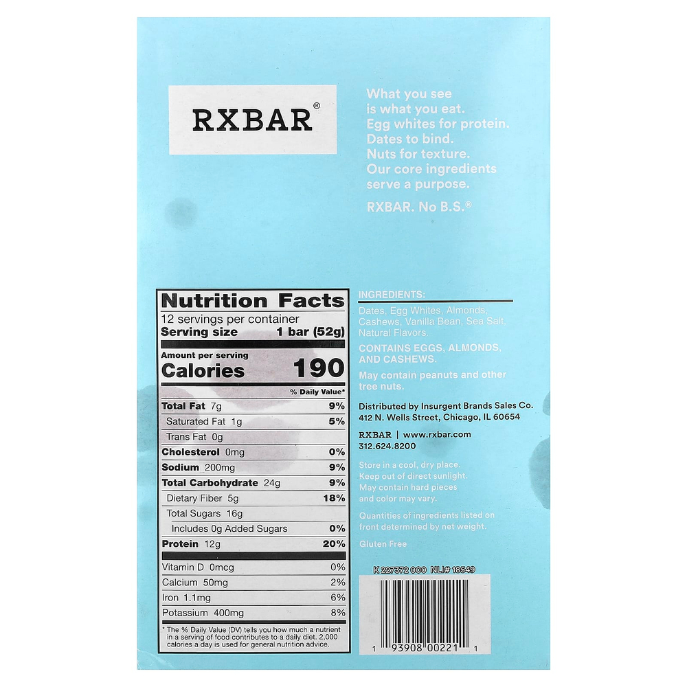 RXBAR, протеиновый батончик, ваниль и миндаль, 12 батончиков по 52 г (1,8 унции)