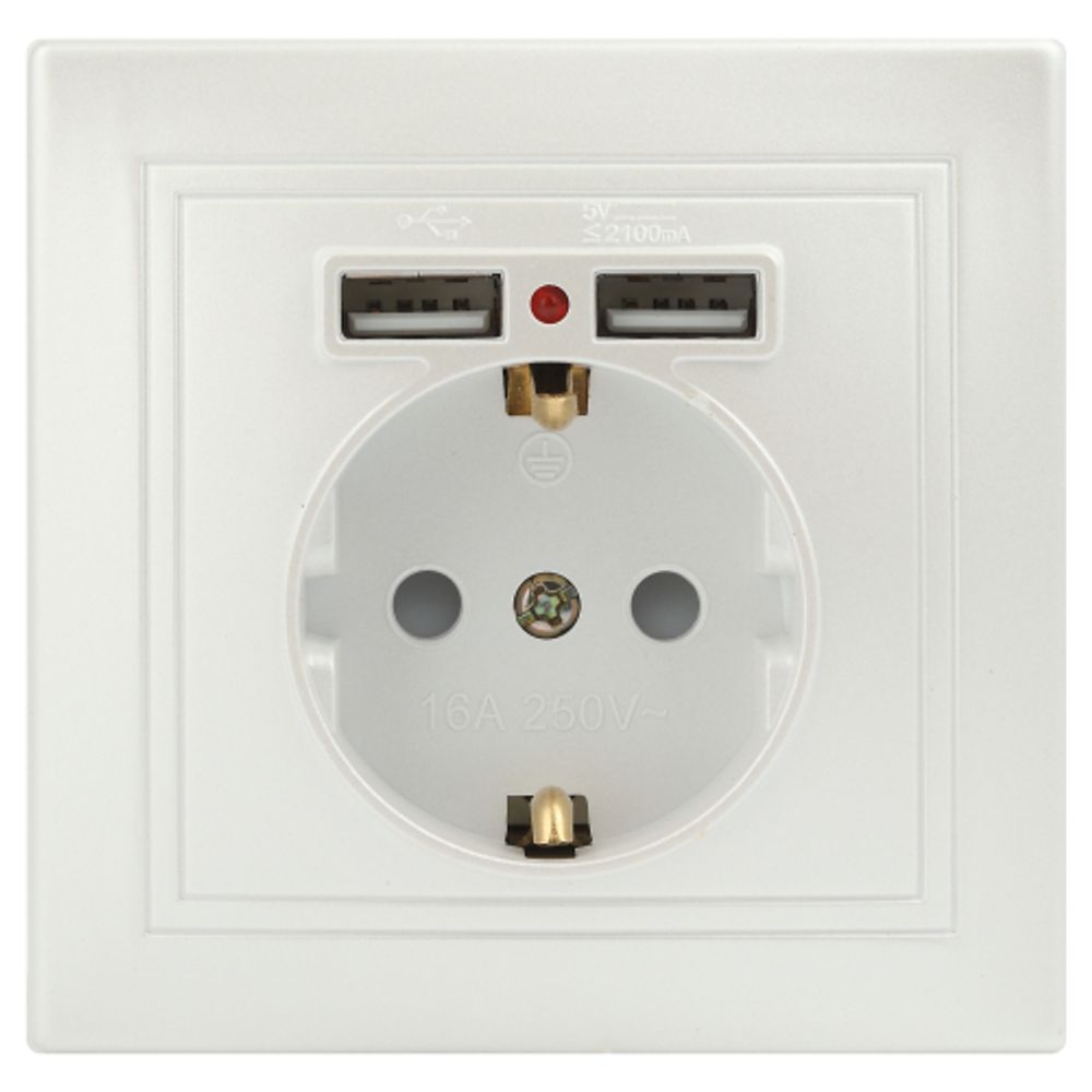 Розетка Intro Plano 1-410-06 с заземлением 2P+E Schuko со шторками 16А-250В + 2хUSB 5В-2 1А IP20 СУ перламутр | Intro