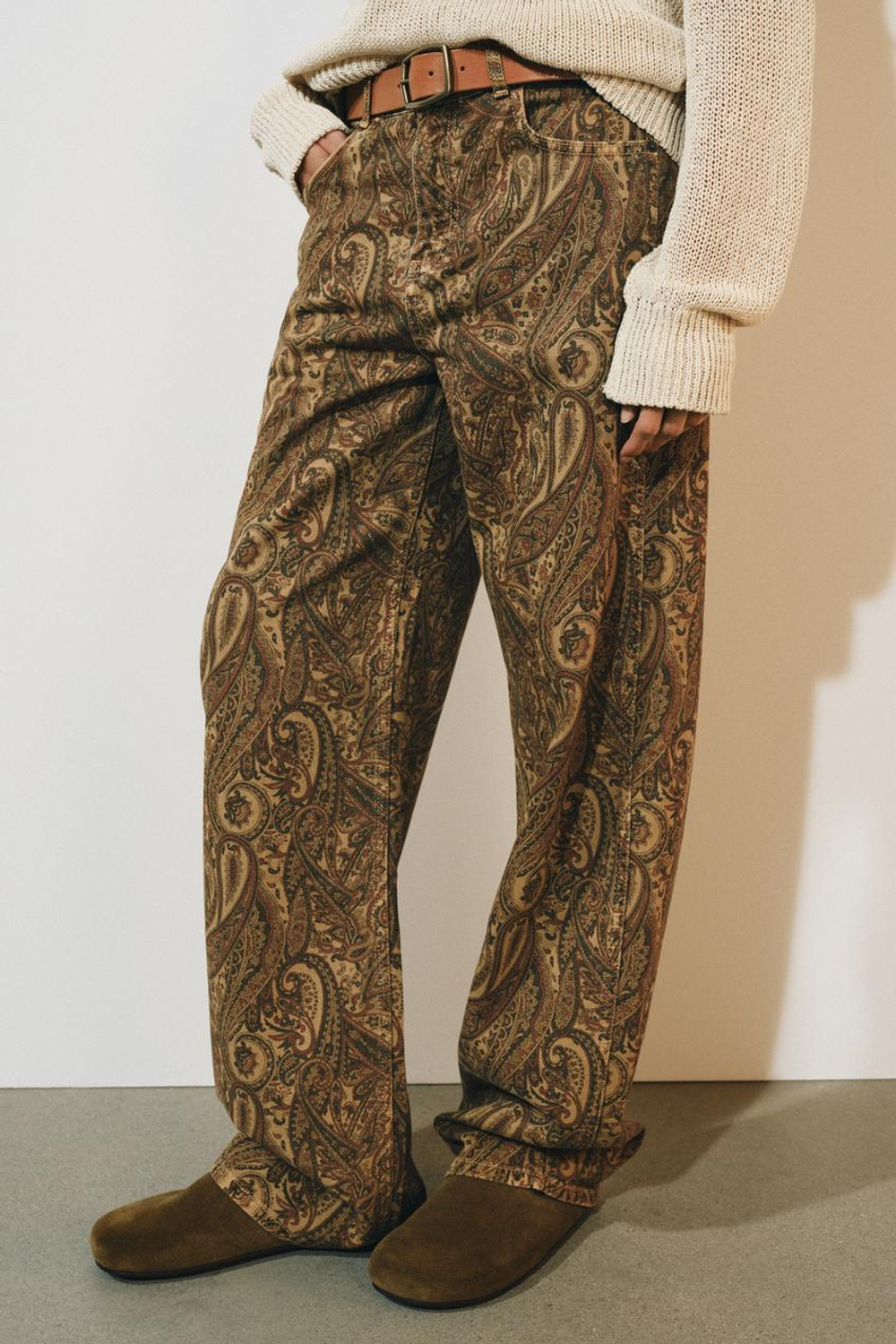 ZARA ДЖИНСЫ ZW COLLECTION CURVED STRAIGHT СО СРЕДНЕЙ ПОСАДКОЙ И ПРИНТОМ, ТЕМНЫЙ ЧЕРЕПИЧНЫЙ