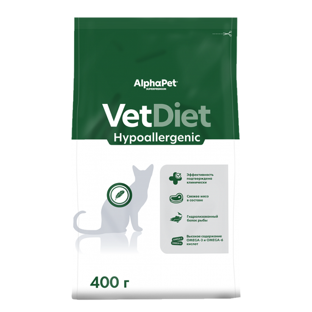Сухой корм AlphaPet VET DIET для взрослых кошек HYPOALLERGENIC при пищевой аллергии и непереносимости ингредиентов - 0,4 кг