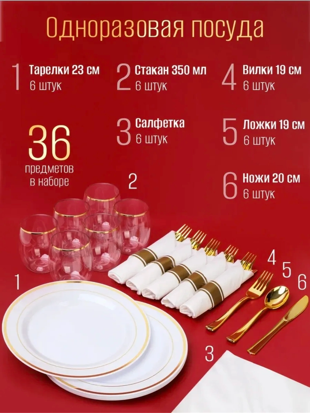 Одноразовая посуда для праздника со стаканами на 6 персон