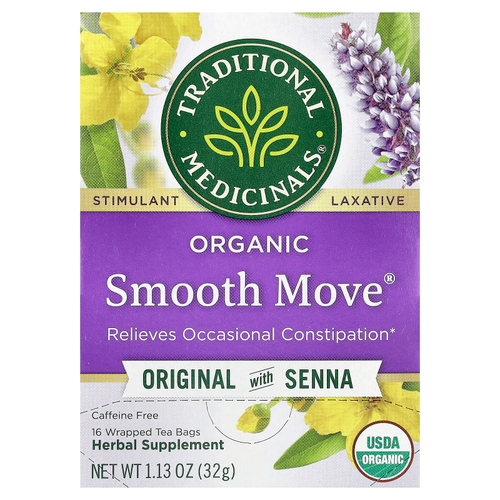 Traditional Medicinals, Organic Smooth Move®, оригинальный вкус с сенной, без кофеина, 16 упакованных чайных пакетиков, 32 г (1,13 унции)