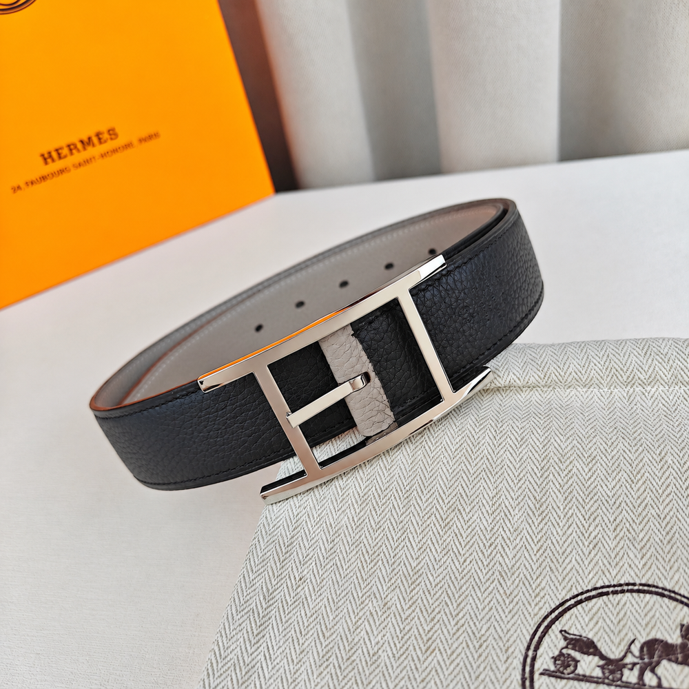Мужской ремень Hermès 3.2 см — чёрный / серо-бежевый — фото 2