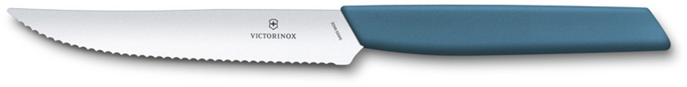 Фото нож для стейка и пиццы VICTORINOX Swiss Modern волнистое лезвие 12 см из нержавеющей стали рукоять из синтетического материала васильково-синего цвета с гарантией