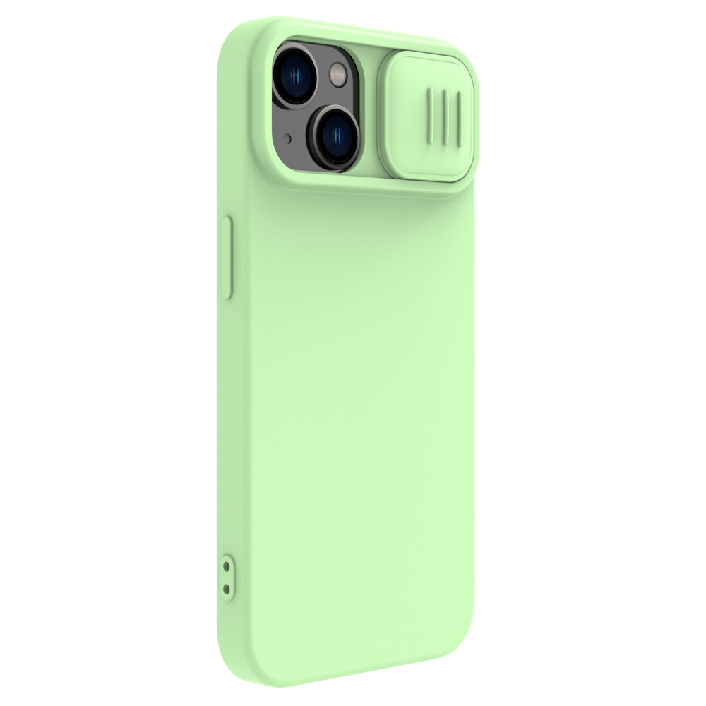 Твердый чехол покрытый мягким шелковистым силиконом зеленого цвета (Mint Green) от Nillkin для iPhone 14 и 13, серия CamShield Silky Silicone Case