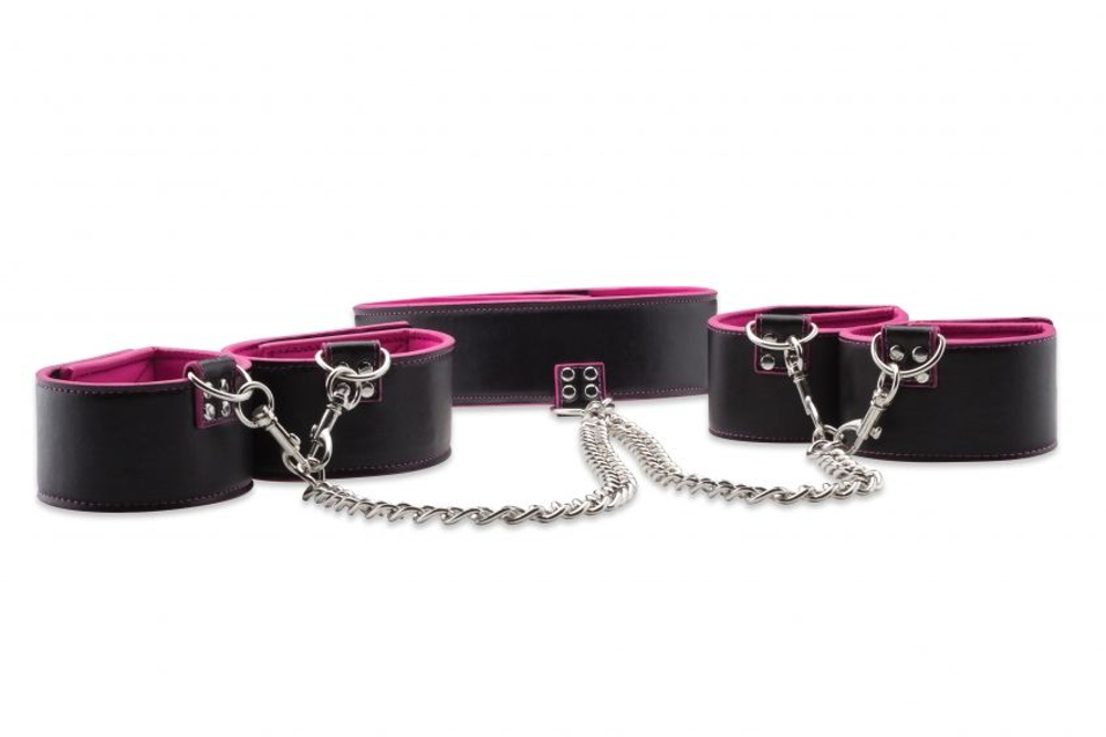 Чёрно-розовый двусторонний комплект для бандажа Reversible Collar / Wrist / Ankle Cuffs (Цвет: черный с розовым)