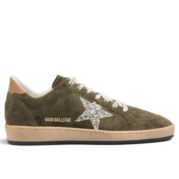 Women's Golden Goose Ball Star Olive Suede with Silver Glitter Star