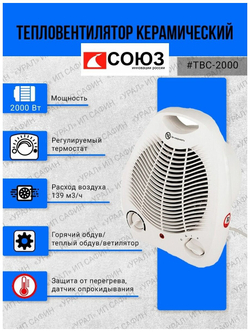 Тепловентилятор Союз ТВС-2000, белый, спиральный нагреватель, механическое управление
