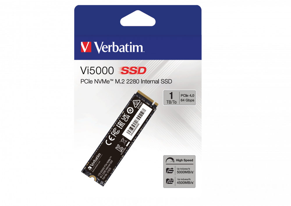 Внутренний накопитель Verbatim VI5000 M.2 SSD 1TB, PCIe4 NVMe, R/W 5000/4500 МБ/с