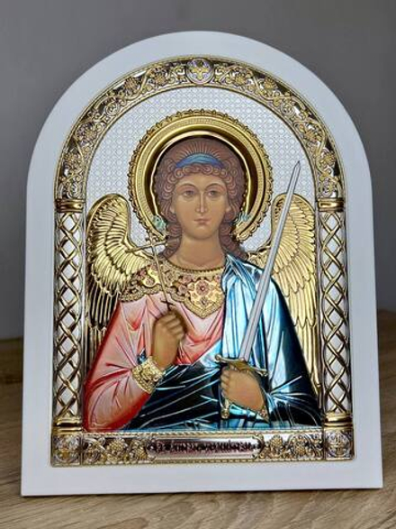 Ангел Хранитель, икона арочная, белое дерево, эмаль 206х275