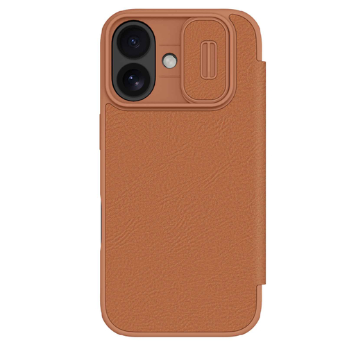 Кожаный чехол книжка коричневого цвета для iPhone 17, серия Qin Pro Leather с обновленной сдвижной шторкой от Nillkin