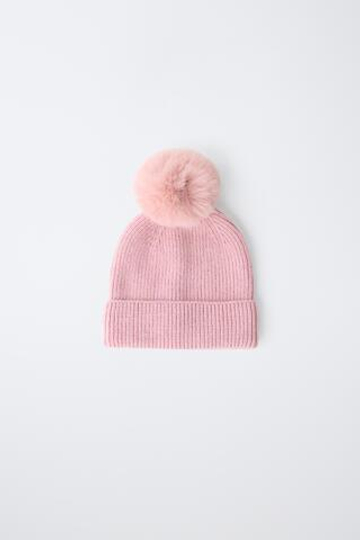 ZARA ТРИКОТАЖНАЯ ШАПКА С ПОМПОНОМ, РОЗОВЫЙ