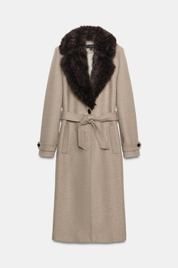 ZARA ПАЛЬТО ИЗ СМЕСОВОЙ ШЕРСТИ СО СЪЕМНОЙ ОТДЕЛКОЙ ПОД МЕХ, СВЕТЛЫЙ СЕРО-КОРИЧНЕВЫЙ