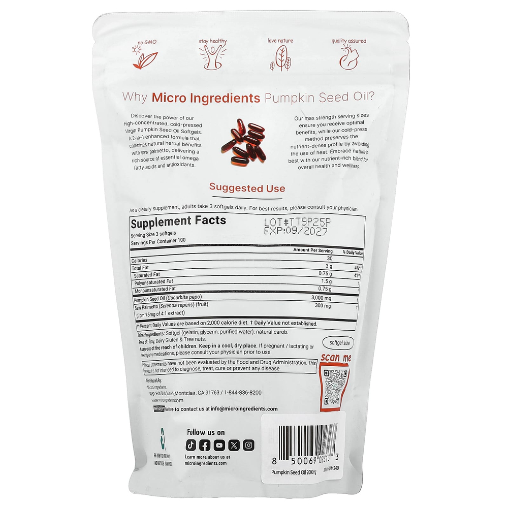 Micro Ingredients, тыквенное масло холодного отжима, 300 капсул