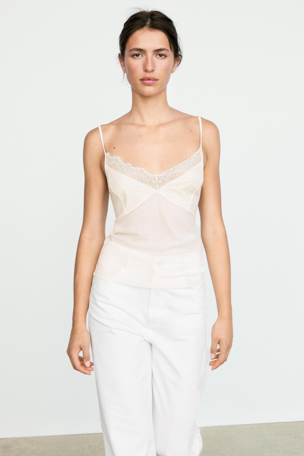 Massimo Dutti Топ на бретелях с кружевной отделкой, натуральный/кремовый