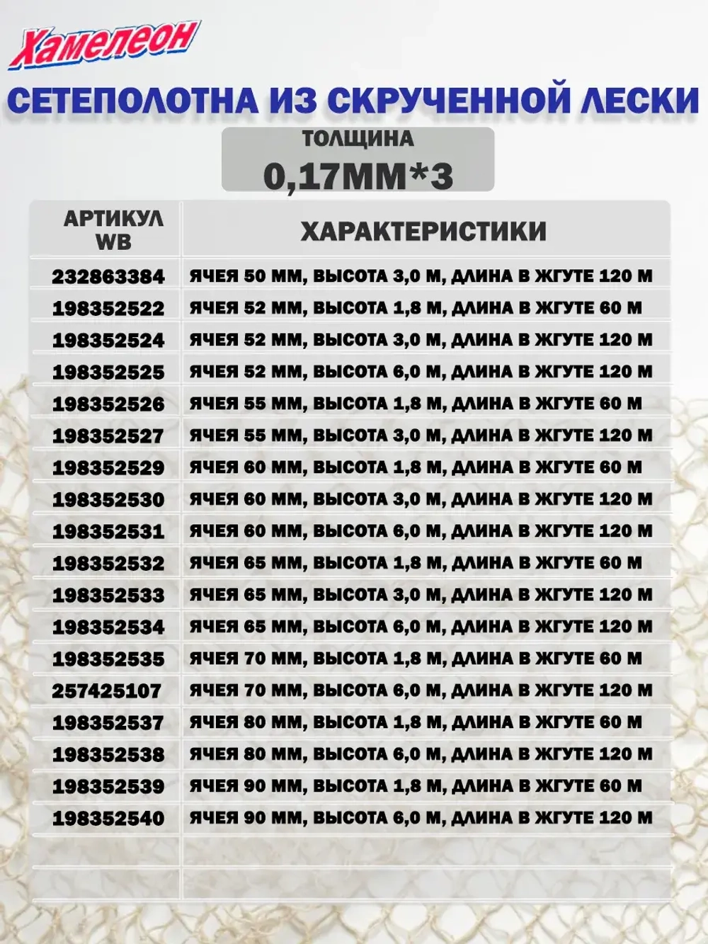 Сетеполотно скр.леска 0,20мм*12, яч. 65мм, высота 4,5м