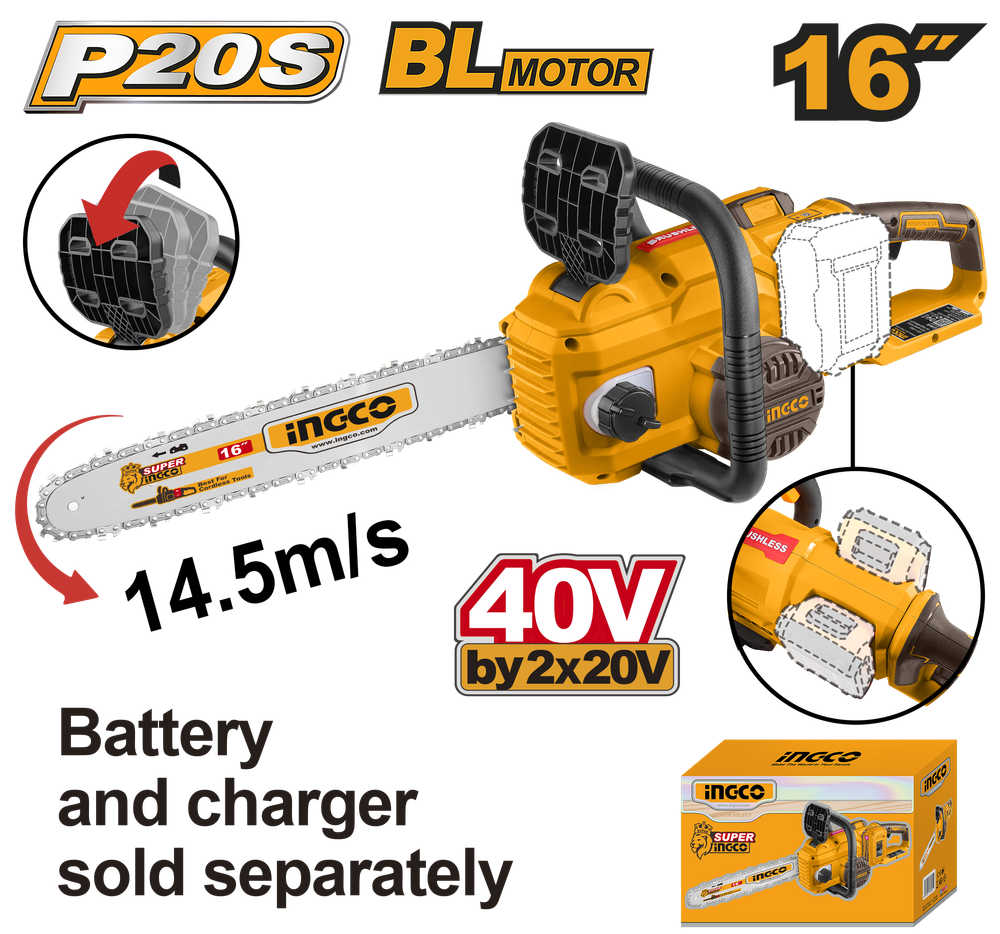 Аккумуляторная бесщеточная цепная пила INGCO CGSLI40168 INDUSTRIAL 20 В 16"