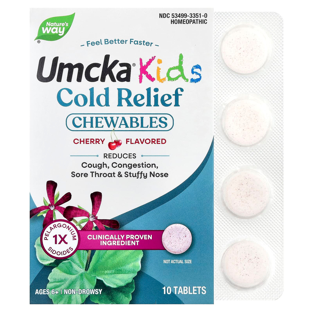 Nature's Way, Umcka® Kids, жевательные таблетки для облегчения симптомов простуды, не вызывает сонливости, для детей от 6 лет, с вишневым вкусом, 10 таблеток