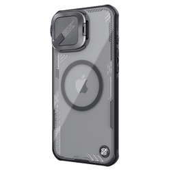 Чехол тонированный (Transparent Black) от Nillkin с металлической откидной крышкой и поддержкой магнитной беспроводной зарядки MagSafe на iPhone 16, серия Iceblade Prop Magnetic Case