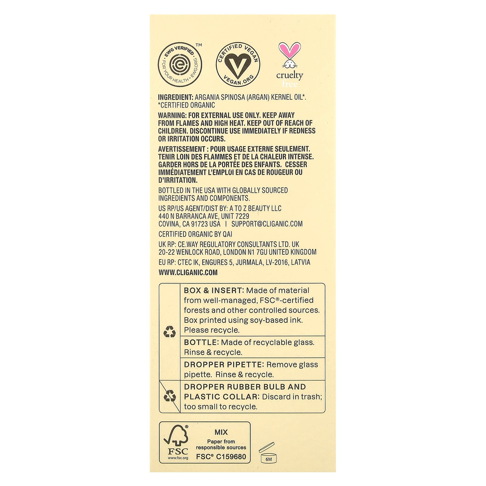 Cliganic, Drop of Weightless Moisture ™, органическое аргановое масло, 120 мл (4 жидк. Унции)