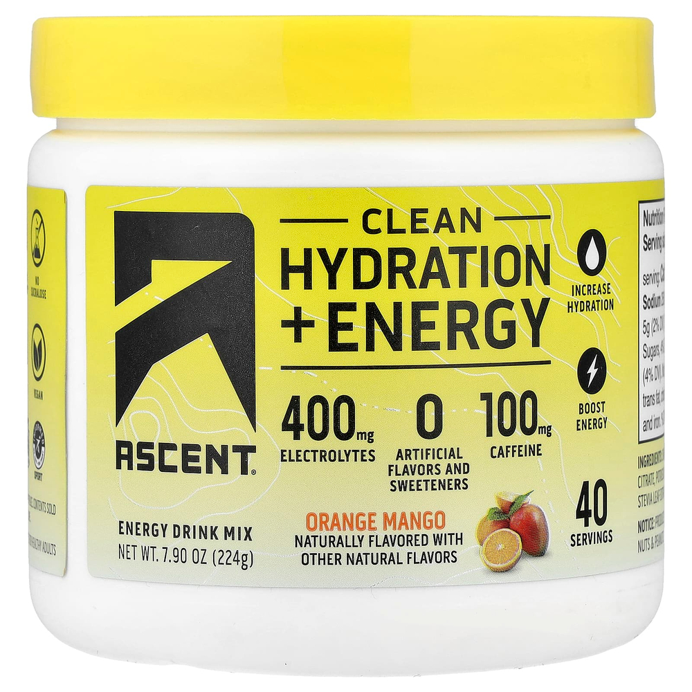 Ascent, Clean Hydration + Energy, Energy Drink Mix, Orange Mango, 7.90 oz (224 g)