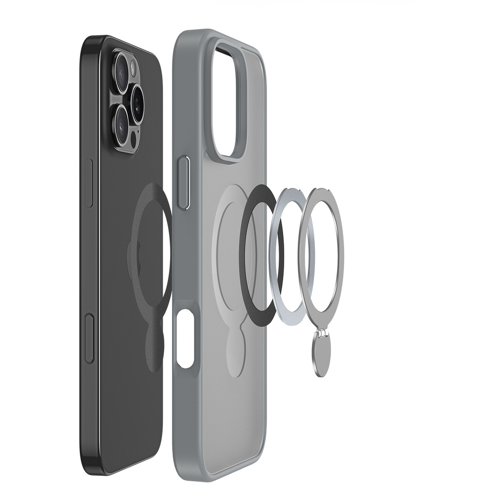 Прозрачный матовый чехол с серыми рамками и с поддержкой MagSafe от Dux Ducis для iPhone 16 Pro Max, серия Yind Series Case (версия с магнитной откидной подставкой)
