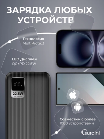 Дополнительный аккумулятор Gurdini Speed Series PD+LCD+Cable (L/C) 22.5W GPDS-03B 30000 mAh Черный