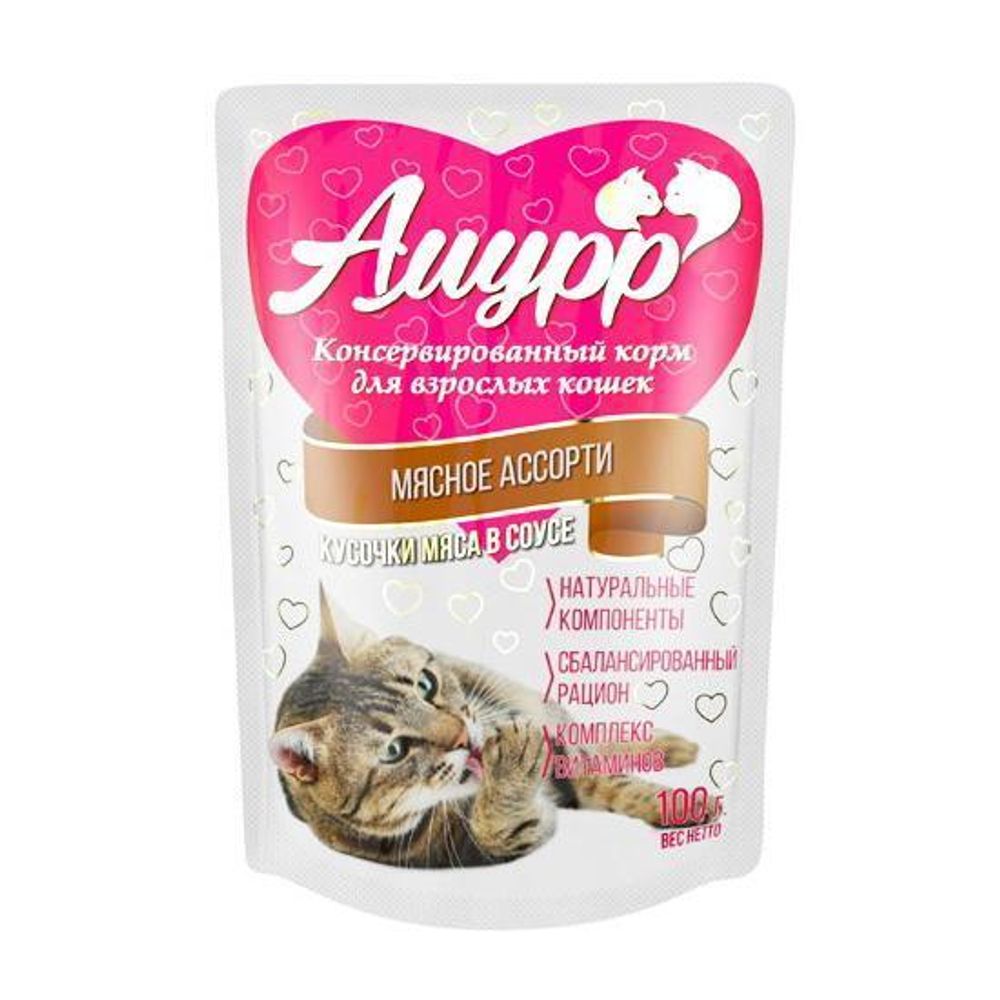 Амурр Влажный корм для взрослых кошек, мясное ассорти в соусе, 24 шт x 100 г Амурр Влажный корм для взрослых кошек, мясное ассорти в соусе, 24 шт x 100 г