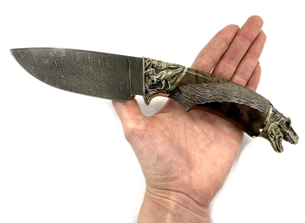 Разделочный нож, дамасская сталь, мельхиор Динозавр, стаб.карельская береза