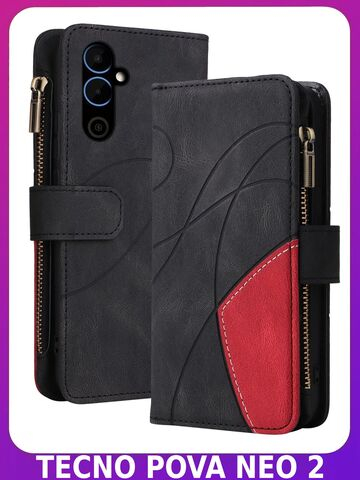 Дизайнерский чехол-книжка из кожи для TECNO POVA NEO 2 с кошельком, 5 слотами для карт и подставкой