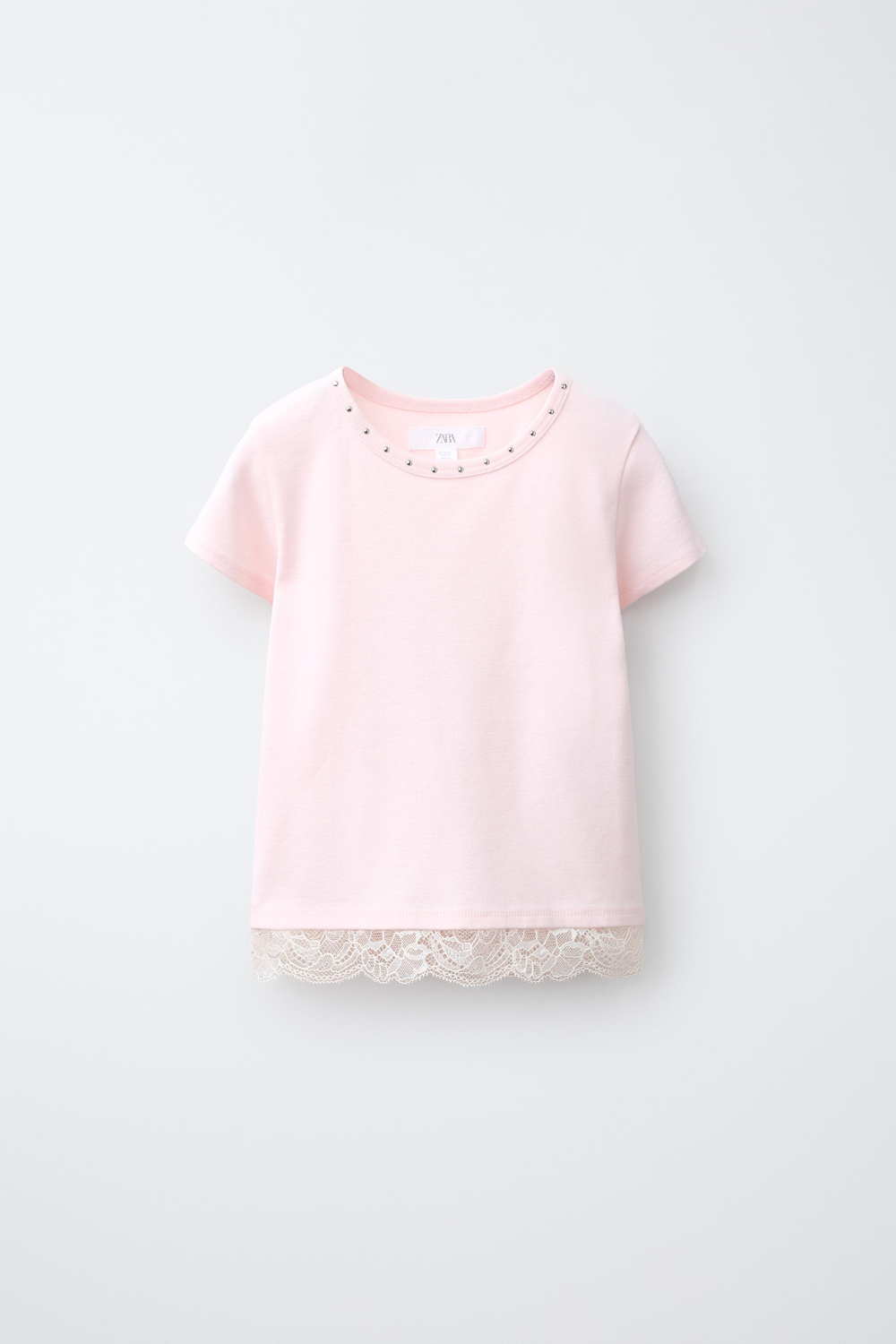 ZARA ФУТБОЛКА С ЗАКЛЕПКАМИ И КРУЖЕВОМ, РОЗОВЫЙ