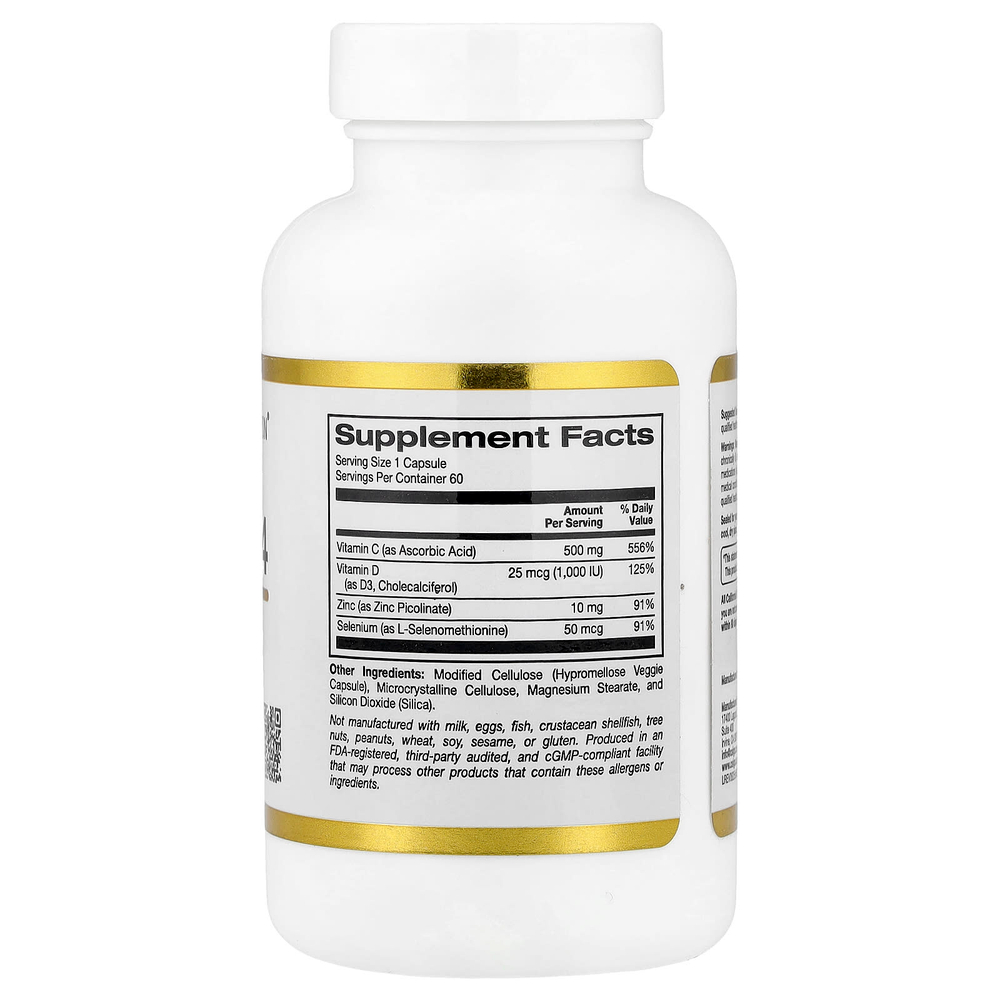 California Gold Nutrition, Defender 4, добавка с витаминами C и D, цинком и селеном, 60 вегетарианских капсул