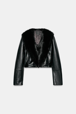 ZARA КУРТКА ИЗ ИСКУССТВЕННОЙ КОЖИ С КОНТРАСТНЫМ ВОРОТНИКОМ, ЧЕРНЫЙ