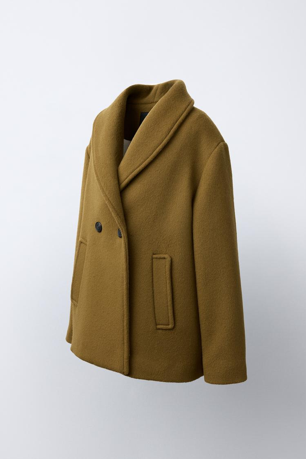 ZARA КОРОТКОЕ ШЕРСТЯНОЕ ПАЛЬТО MANTECO, ОЛИВКОВЫЙ