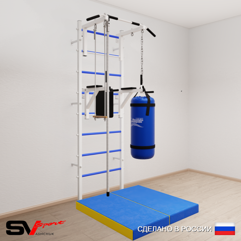 Шведская стенка Sv Sport усиленная 6766 (Турник стандарт/Брусья/Канат/Трапеция/Цепь/Мешок 22кг/Мат 1м)
