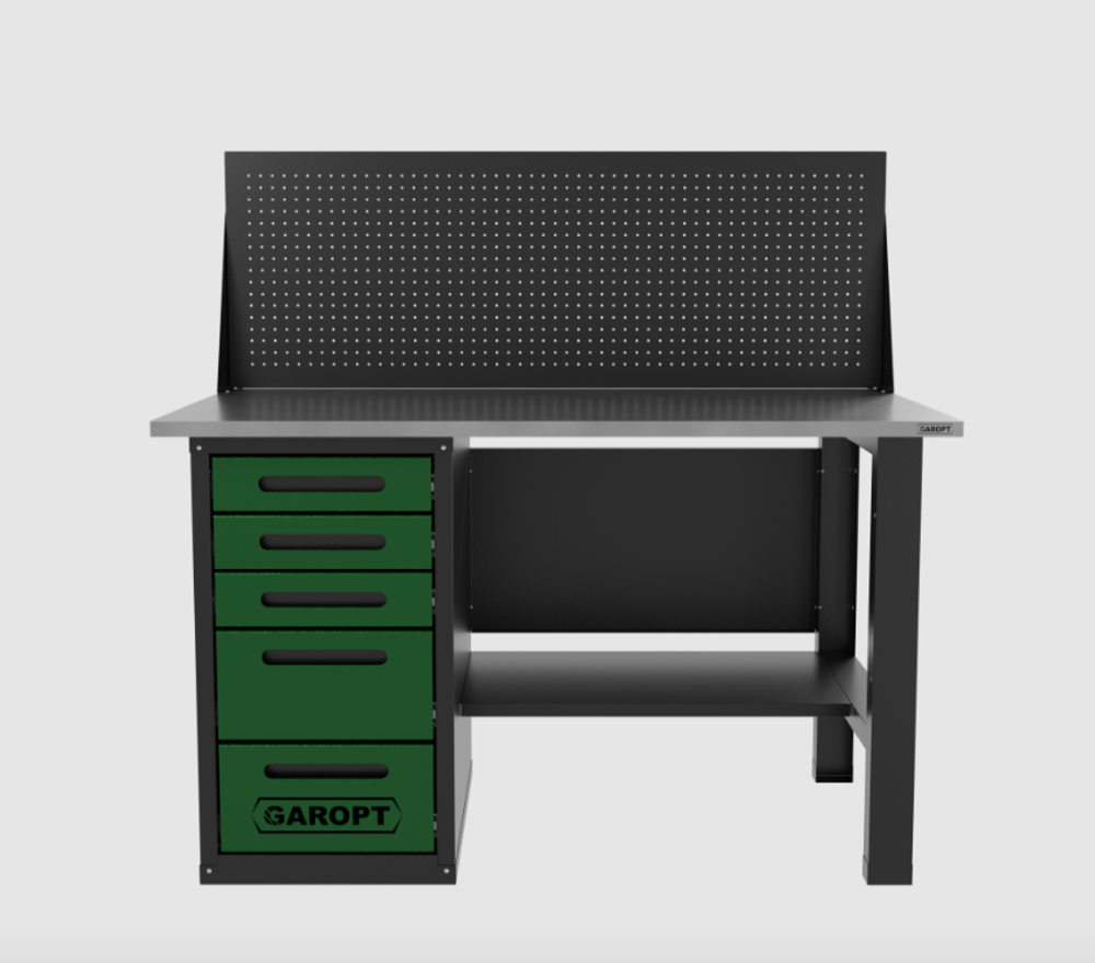 Верстак однотумбовый 5 ящиков с экраном, зеленый 1400*700 Garopt, GT1400STY5PP.green