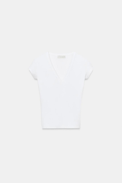 ZARA ФУТБОЛКА С V-ОБРАЗНЫМ ВЫРЕЗОМ, БЕЛЫЙ